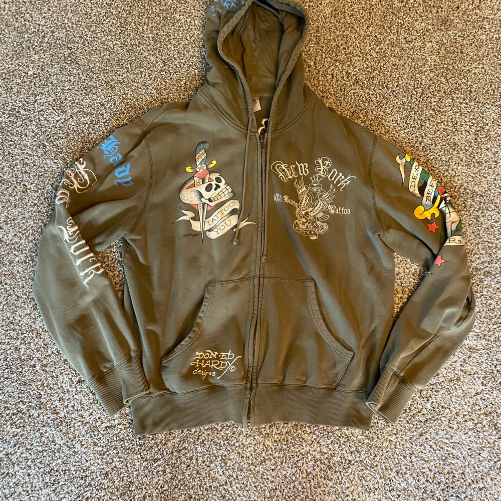 Ed Hardy Olive Hoodie with Tattoo Graphics
